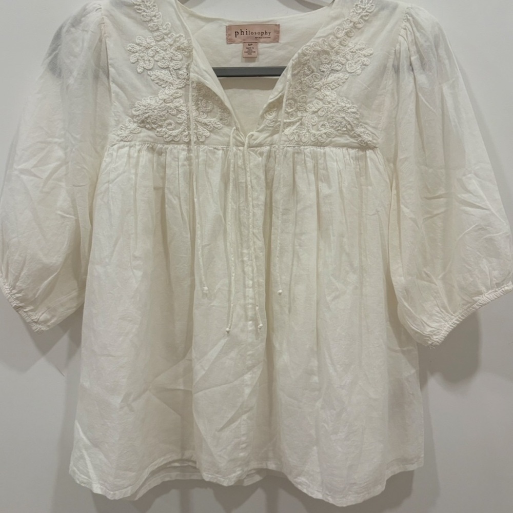 Philosophy Peasant Top Cream White Split Drawstring V Neck Size SP Embroidered - Picture 5 of 11